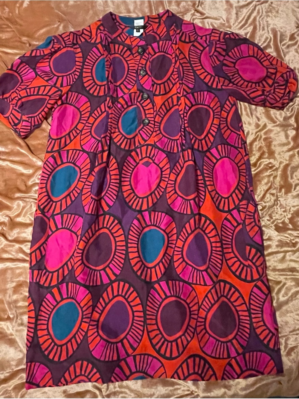 0039 Italy 100% Silk Luxury Geometric Circle Dress Pink Purple Orange Size M